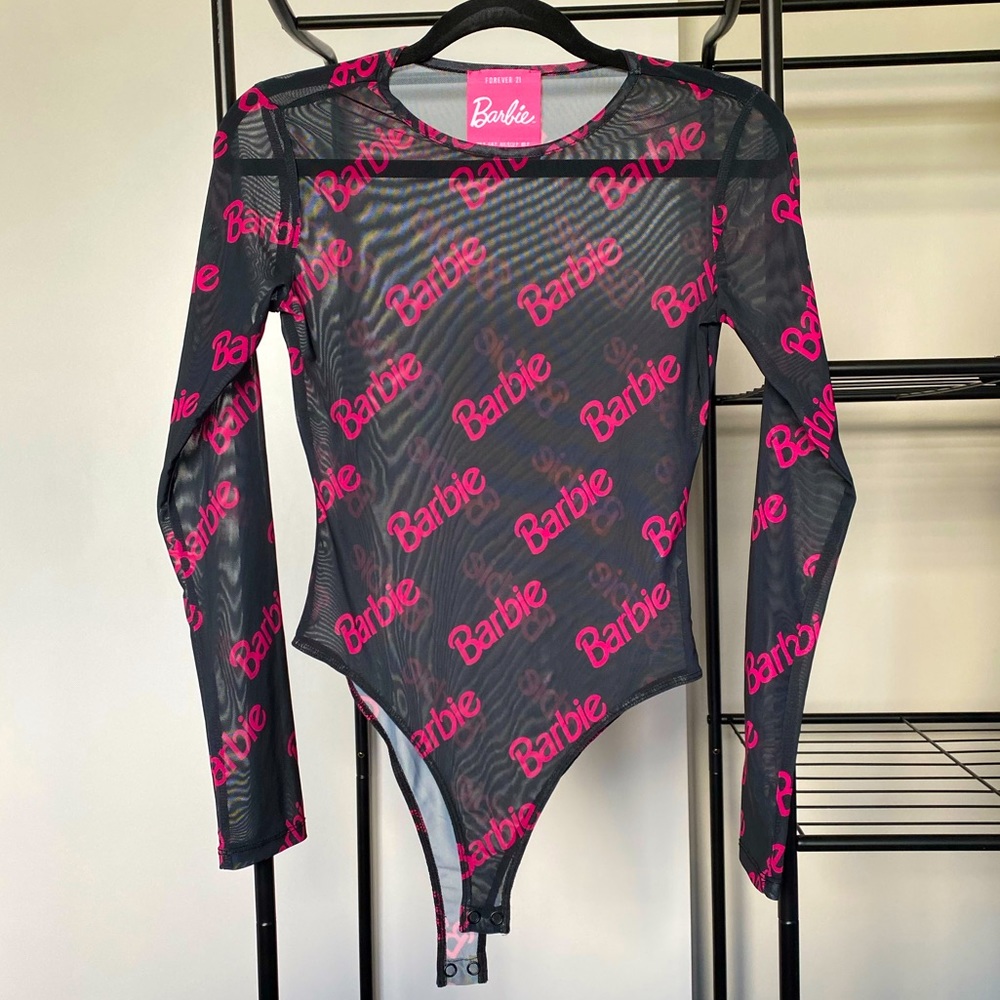 S Forever 21 Hot Pink & Black Mesh Barbie Bodysuit